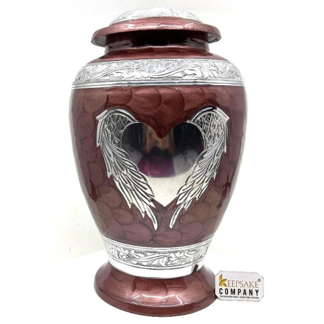 Keepsake Company's Dark Brown Enameled Adult cremation Urn with Angel Wing and Heart design