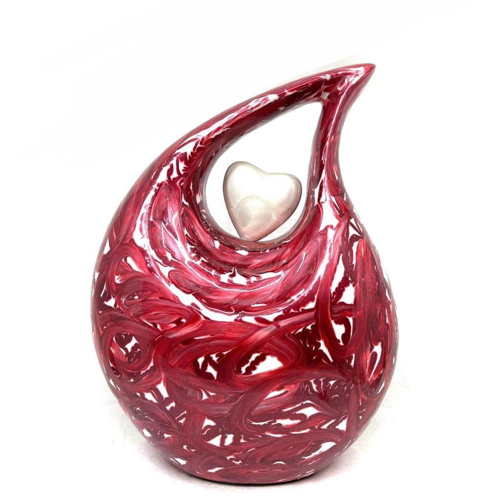 Abstract Red and White Pearl Enamel Cremation Urn with White heart, Urns for Ashes , Urns for Human Ashes, Ashes Keepsake, Decorative Urns - teardropurns.com