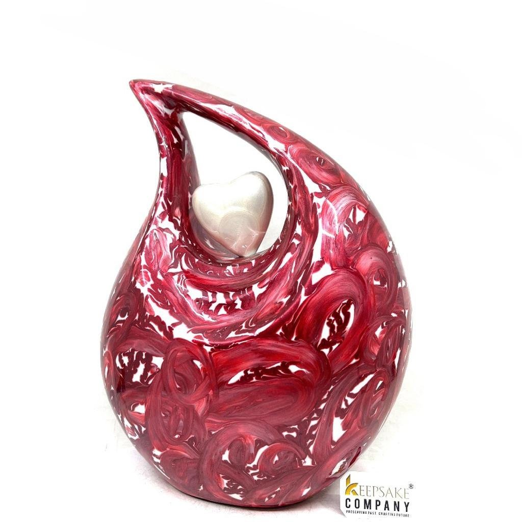 Abstract Red and White Pearl Enamel Cremation Urn with White heart, Urns for Ashes , Urns for Human Ashes, Ashes Keepsake, Decorative Urns - teardropurns.com