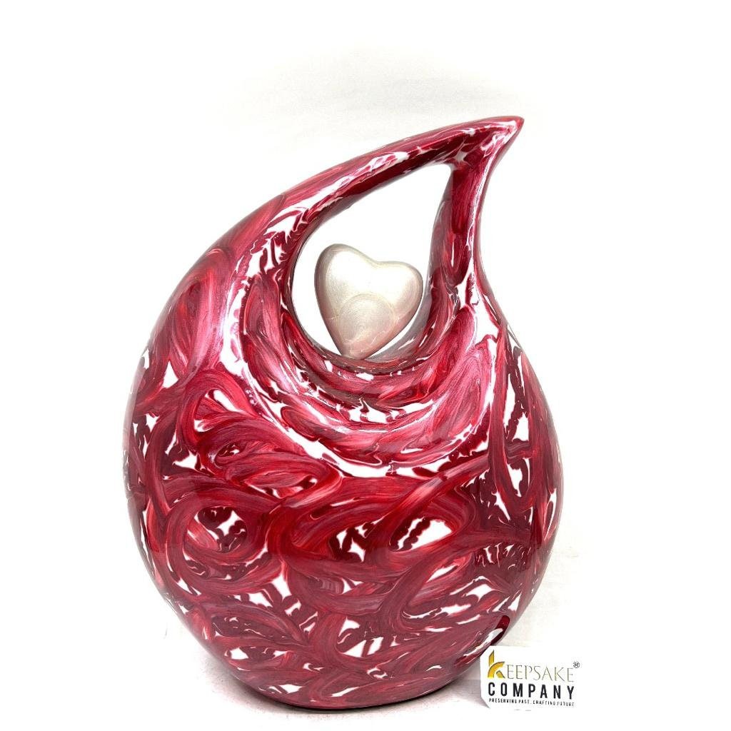 Abstract Red and White Pearl Enamel Cremation Urn with White heart, Urns for Ashes , Urns for Human Ashes, Ashes Keepsake, Decorative Urns - teardropurns.com