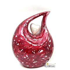 Abstract Red and White Pearl Enamel Cremation Urn with White heart, Urns for Ashes , Urns for Human Ashes, Ashes Keepsake, Decorative Urns - teardropurns.com