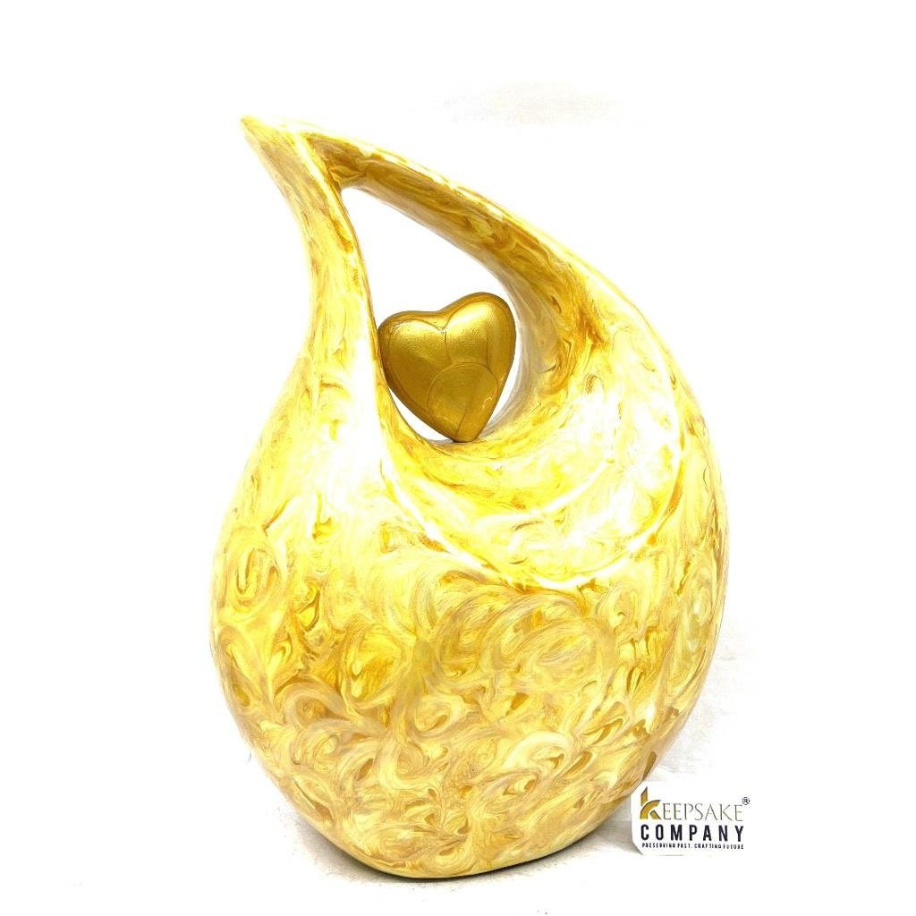 Abstract Yellow Pearl Enamel Cremation Urn with matching heart, Urns for Ashes , Urns for Human Ashes, Ashes Keepsake, Decorative Urns - teardropurns.com