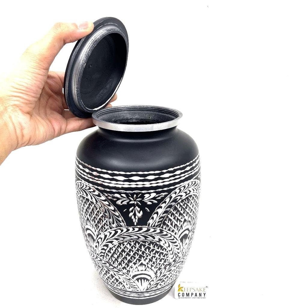 Black Highly Engraved Adult Urn - Cremation Urns for Adult Ashes - Urns for Ashes Adult Male - Urn - Urns for Human Ashes - Decorative Urn - teardropurns.com