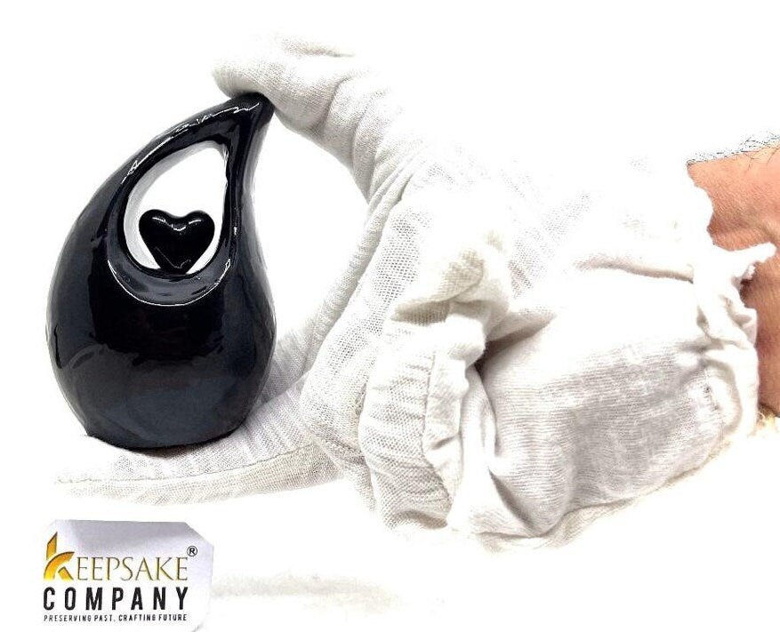 Black teardrop mini Cremation Urn with Black Heart for Human Ashes - Perfect for Adult and Infants from Keepsake Company - teardropurns.com