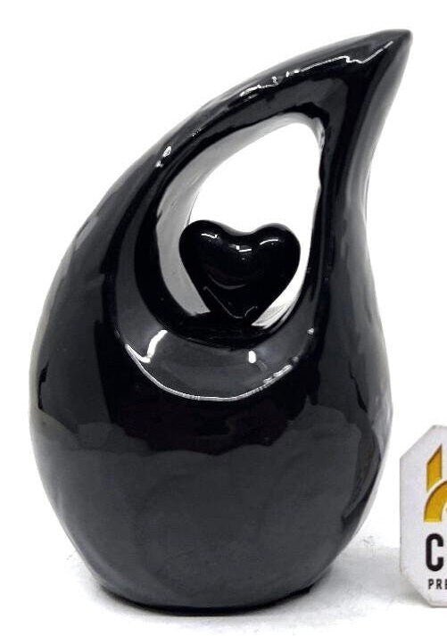 Black teardrop mini Cremation Urn with Black Heart for Human Ashes - Perfect for Adult and Infants from Keepsake Company - teardropurns.com