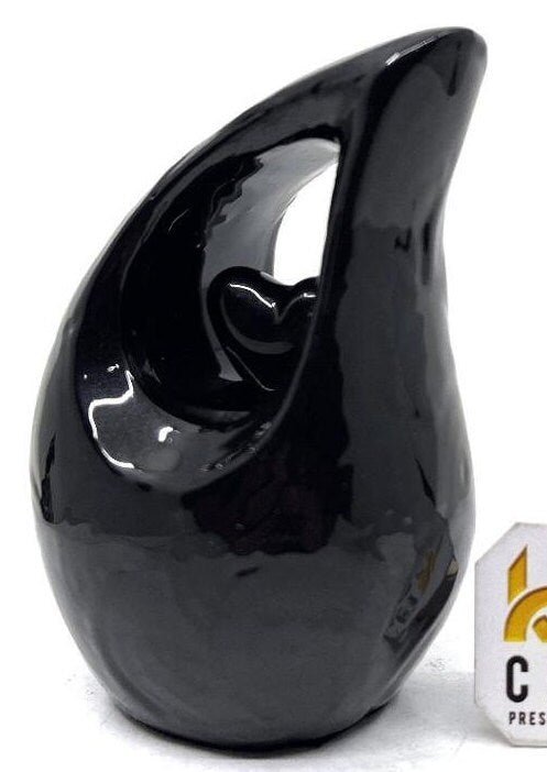 Black teardrop mini Cremation Urn with Black Heart for Human Ashes - Perfect for Adult and Infants from Keepsake Company - teardropurns.com