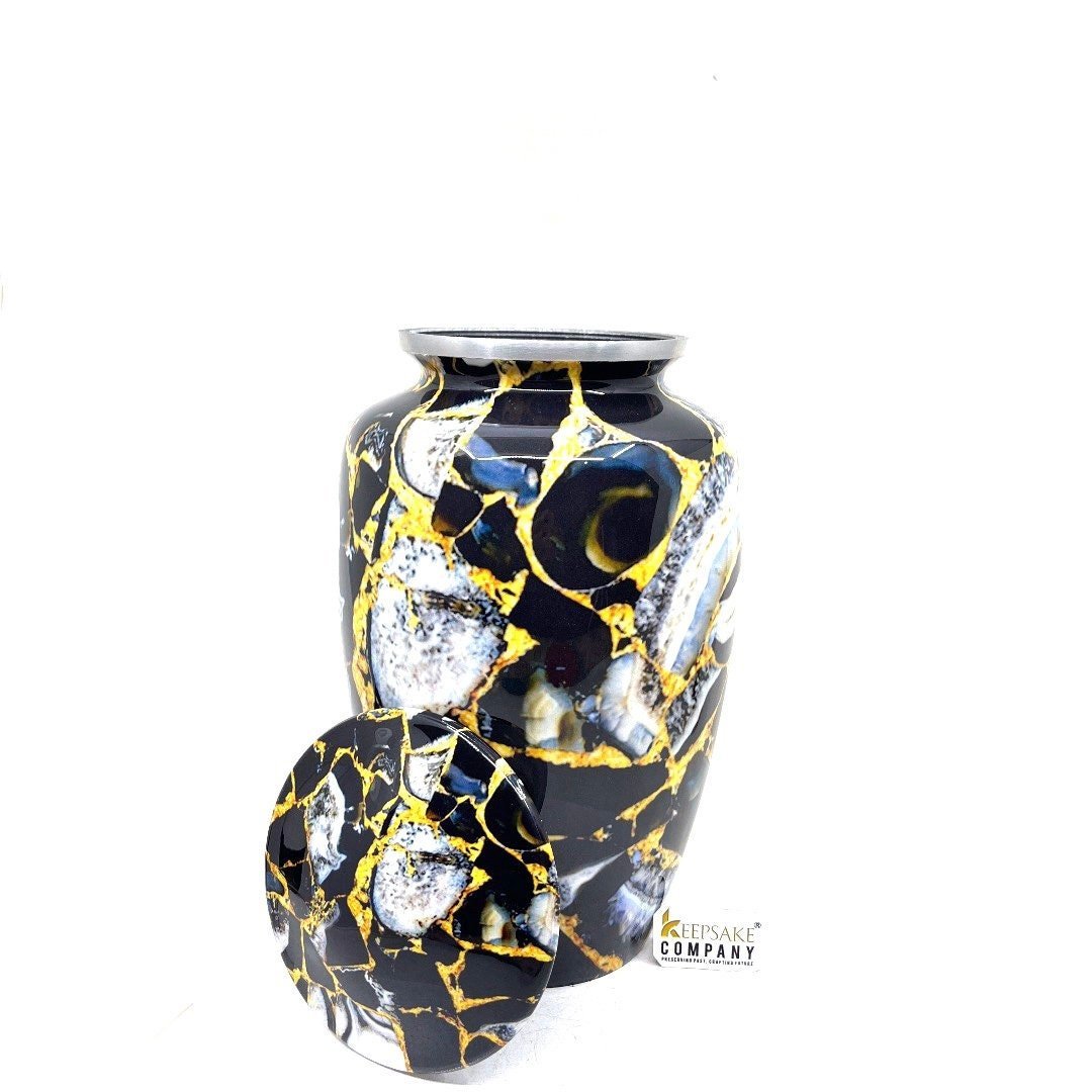 Black - Yellow Marble Adult cremation Urn for Ashes - Urns for Human Ashes - Urn - Urn - Funeral Urn - Memorial Urn - Personalized Urn - teardropurns.com