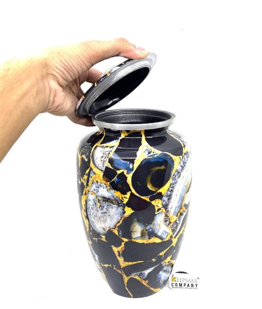 Black - Yellow Marble Adult cremation Urn for Ashes - Urns for Human Ashes - Urn - Urn - Funeral Urn - Memorial Urn - Personalized Urn - teardropurns.com