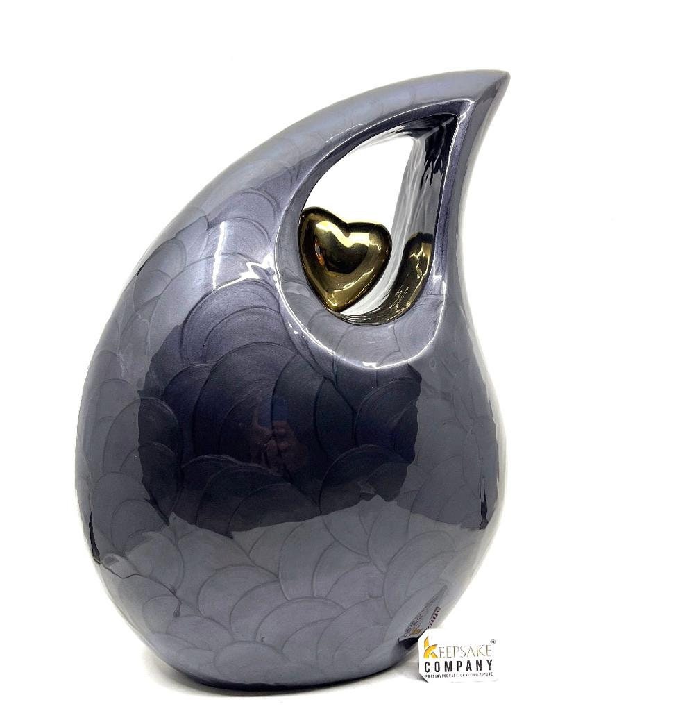 Extra Large /  Adult Black Pearl Enamel teardrop Cremation Urn with Golden Heart For Human Ashes / Urn for Ash /  Urn / Urns / Burial