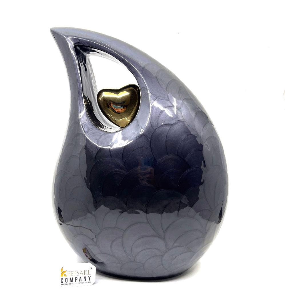 Extra Large /  Adult Black Pearl Enamel teardrop Cremation Urn with Golden Heart For Human Ashes / Urn for Ash /  Urn / Urns / Burial