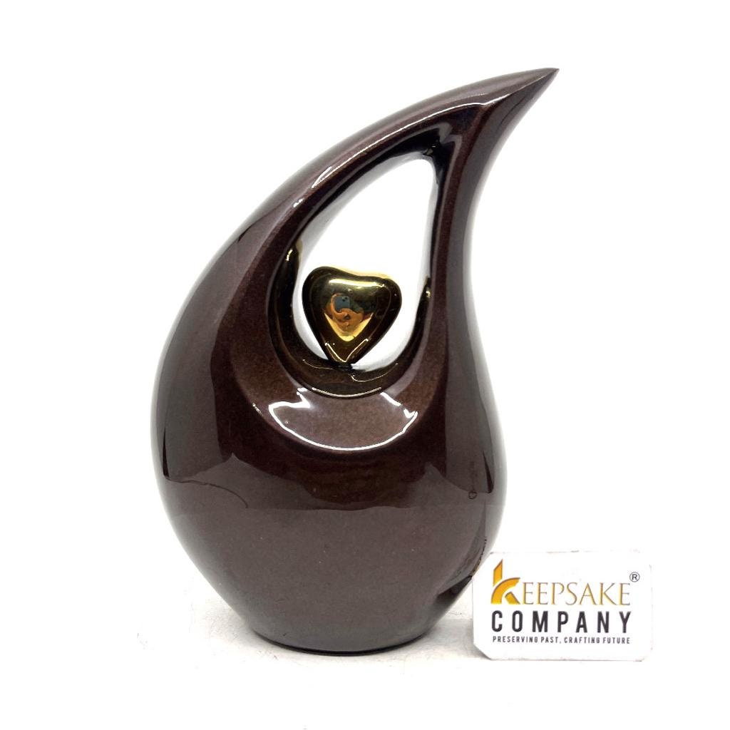 Brown Teardrop metal Cremation Urn  with Golden Heart in Medium size (6 Inches/ 15 centimetres) height From Keepsake Company