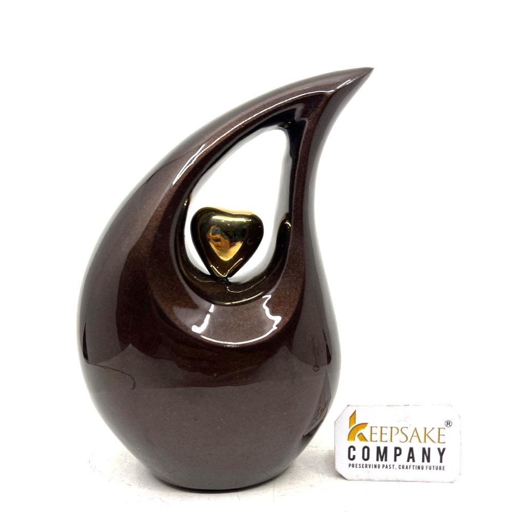 Brown Teardrop metal Cremation Urn  with Golden Heart in Medium size (6 Inches/ 15 centimetres) height From Keepsake Company