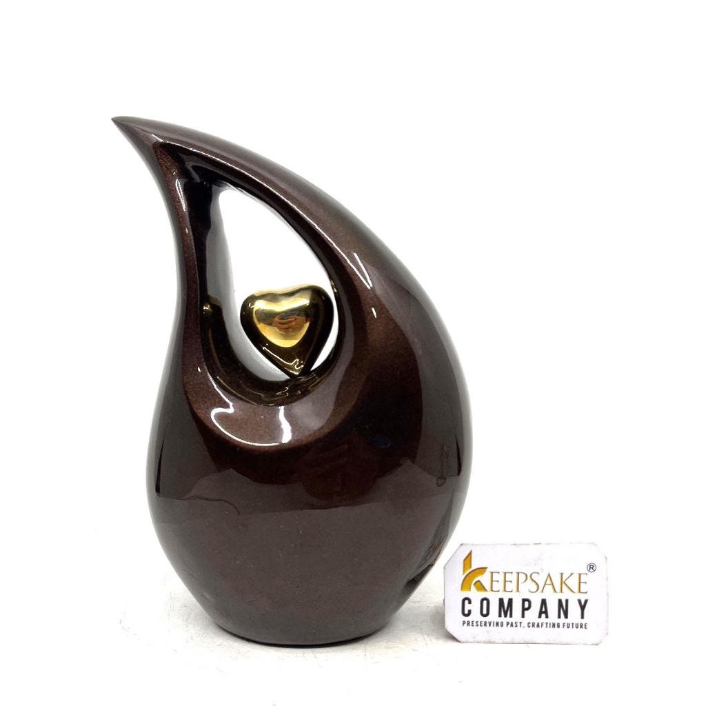 Brown Teardrop metal Cremation Urn  with Golden Heart in Medium size (6 Inches/ 15 centimetres) height From Keepsake Company