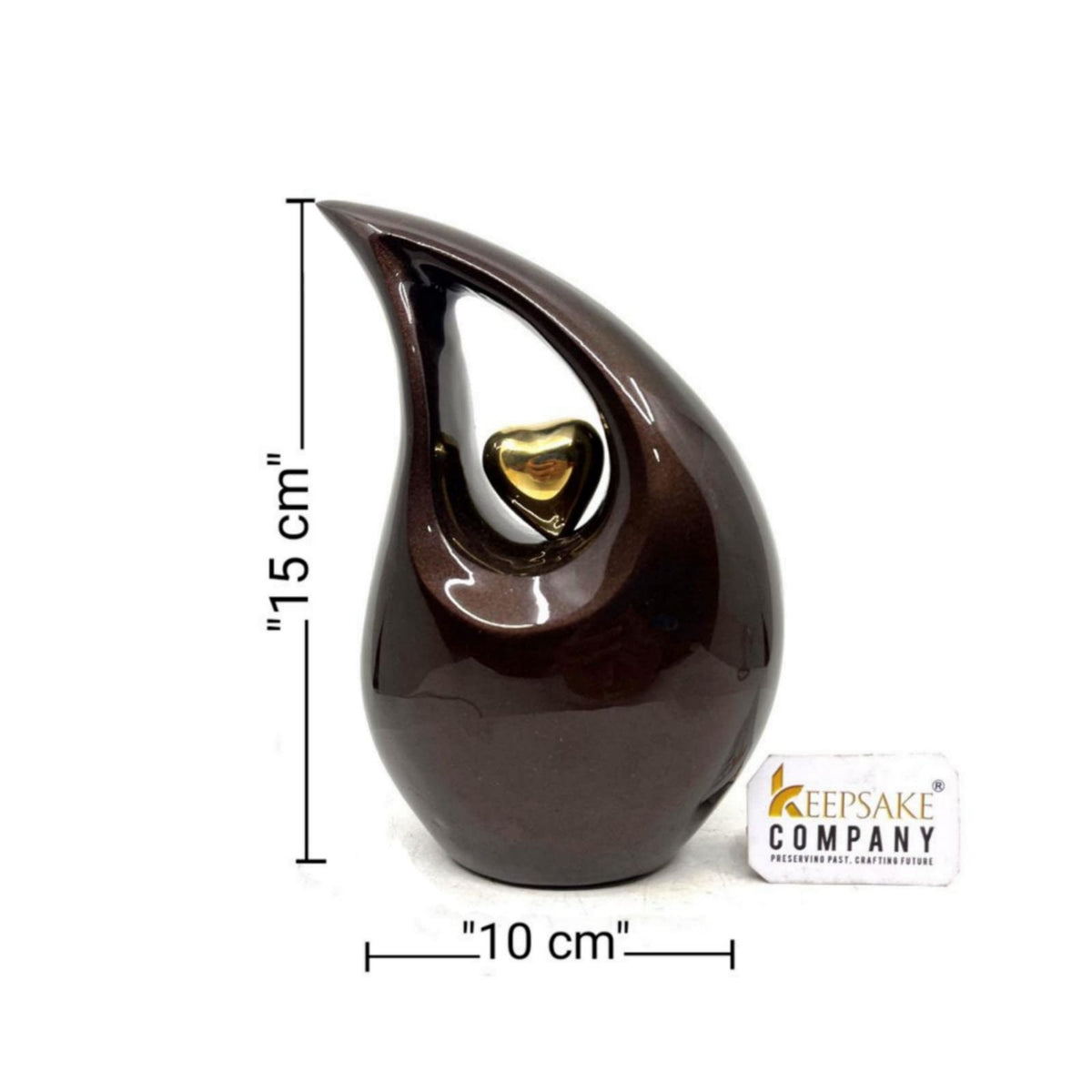 Brown Teardrop metal Cremation Urn  with Golden Heart in Medium size (6 Inches/ 15 centimetres) height From Keepsake Company