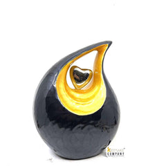 Black Teardrop Adult Cremation Urn with Yellow Neck & Golden Heart urns for ashes - urns for ashes adult - urn for ashes - Keepsak Urn