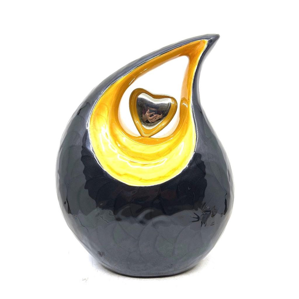 Black Teardrop Adult Cremation Urn with Yellow Neck & Golden Heart urns for ashes - urns for ashes adult - urn for ashes - Keepsak Urn