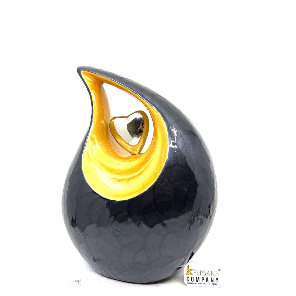 Black Teardrop Adult Cremation Urn with Yellow Neck & Golden Heart urns for ashes - urns for ashes adult - urn for ashes - Keepsak Urn