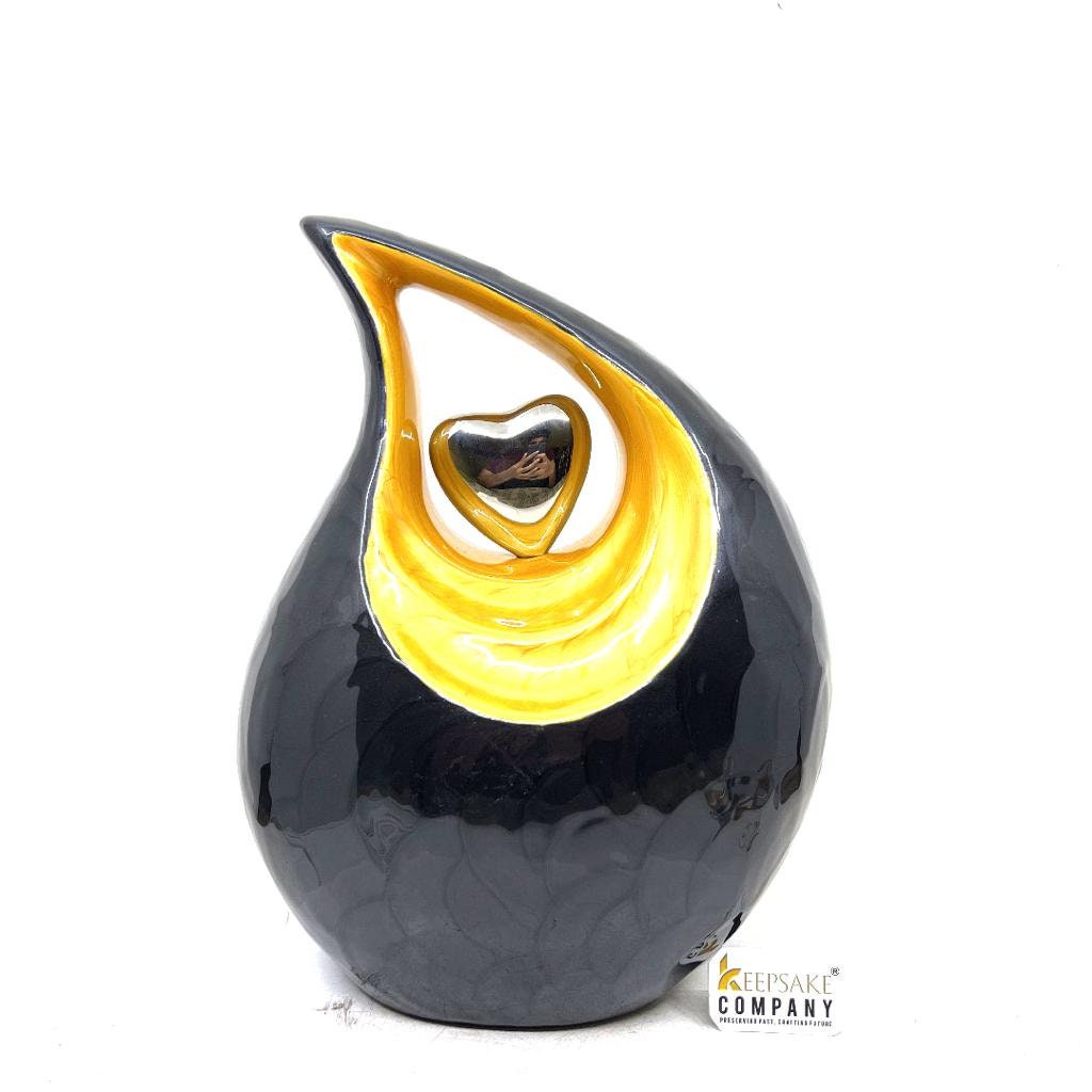 Black Teardrop Adult Cremation Urn with Yellow Neck & Golden Heart urns for ashes - urns for ashes adult - urn for ashes - Keepsak Urn