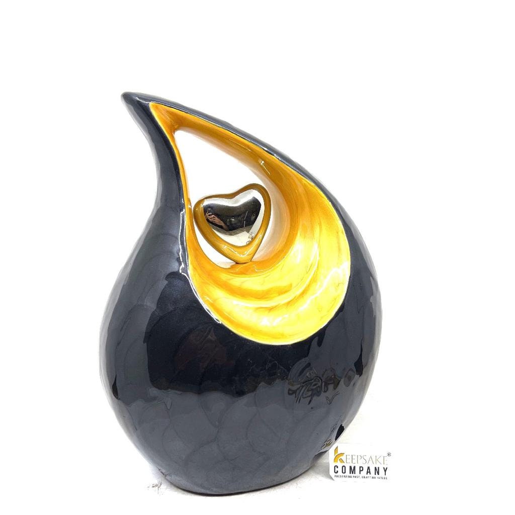 Black Teardrop Adult Cremation Urn with Yellow Neck & Golden Heart urns for ashes - urns for ashes adult - urn for ashes - Keepsak Urn