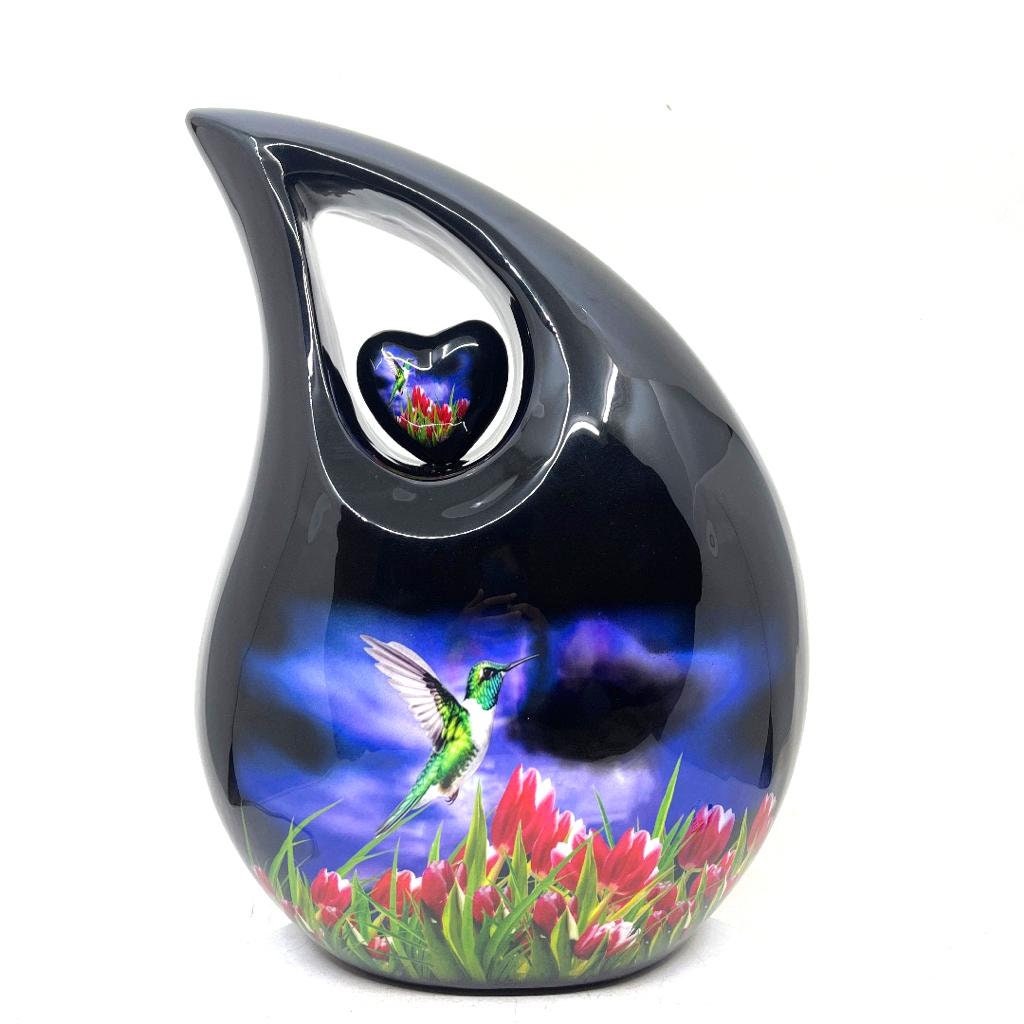 Extra Large  Adult Black Teardrop Cremation Urn with Humming Bird - Urn For Human Ashes - Memorial Urn - Urns - Personalized Urn