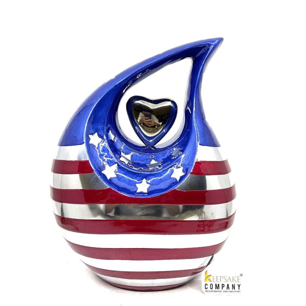 Patriot Flag Teardrop Adult Cremation Urn with Silver Heart urns for ashes - urns for ashes adult - urn for ashes - Adult Urn - star & Strip