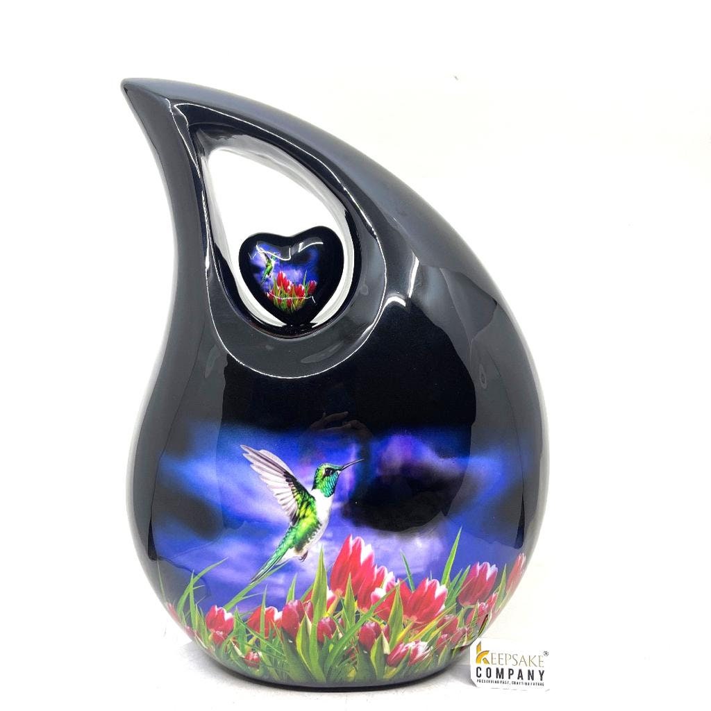 Extra Large  Adult Black Teardrop Cremation Urn with Humming Bird - Urn For Human Ashes - Memorial Urn - Urns - Personalized Urn