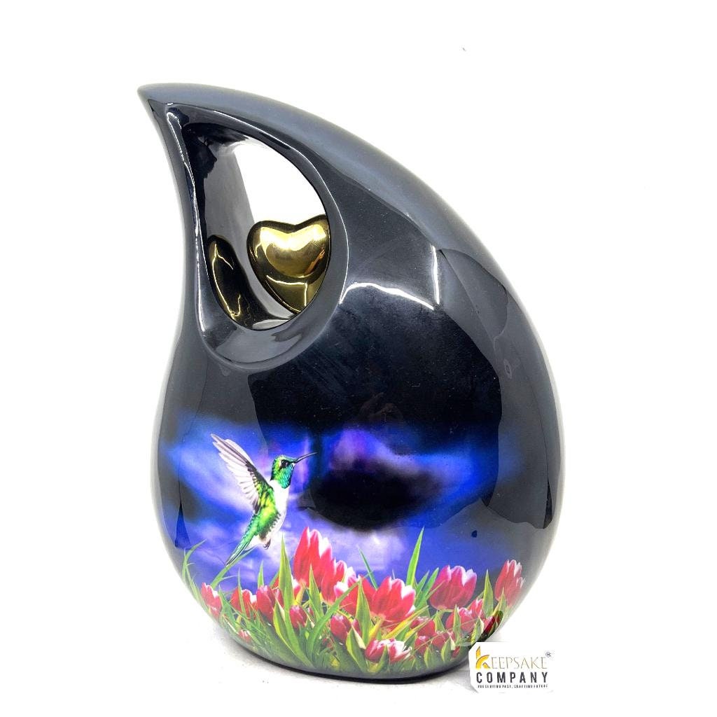 Extra Large  Adult Black Teardrop Cremation Urn with Humming Bird - Urn For Human Ashes - Memorial Urn - Urns - Personalized Urn