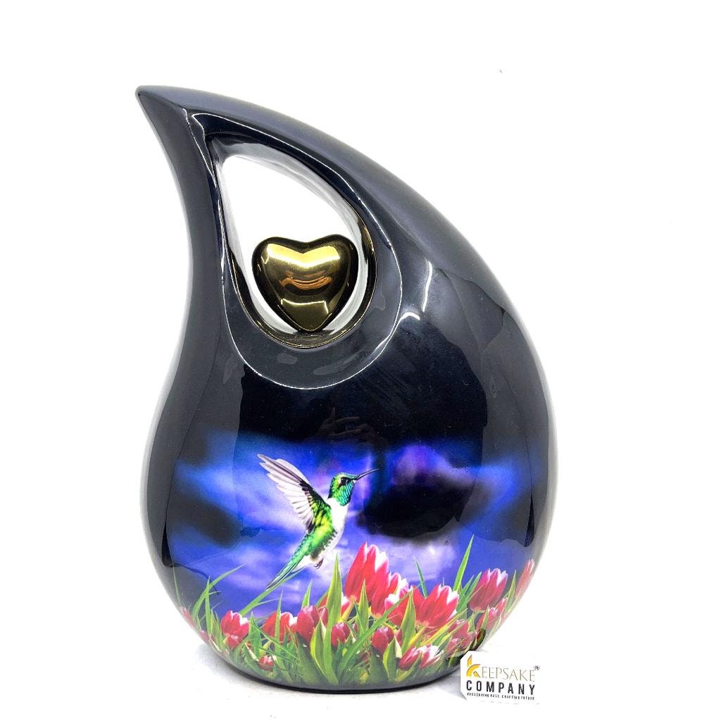 Extra Large  Adult Black Teardrop Cremation Urn with Humming Bird - Urn For Human Ashes - Memorial Urn - Urns - Personalized Urn