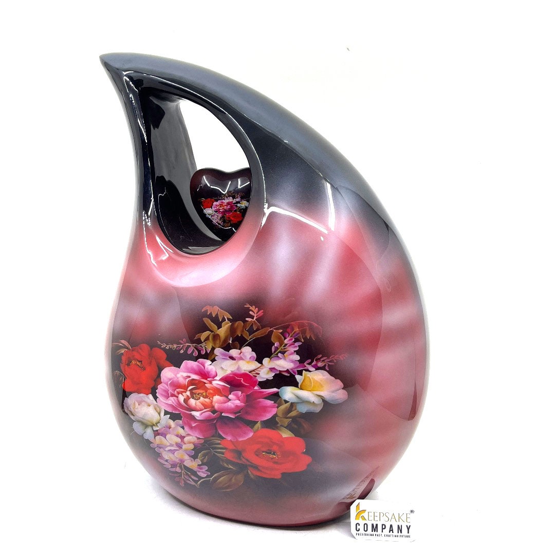 Extra Large  Adult Black Teardrop Cremation Urn with Beautiful Red Photos - Urn For Human Ashes - Memorial Urn - Personalized Urn