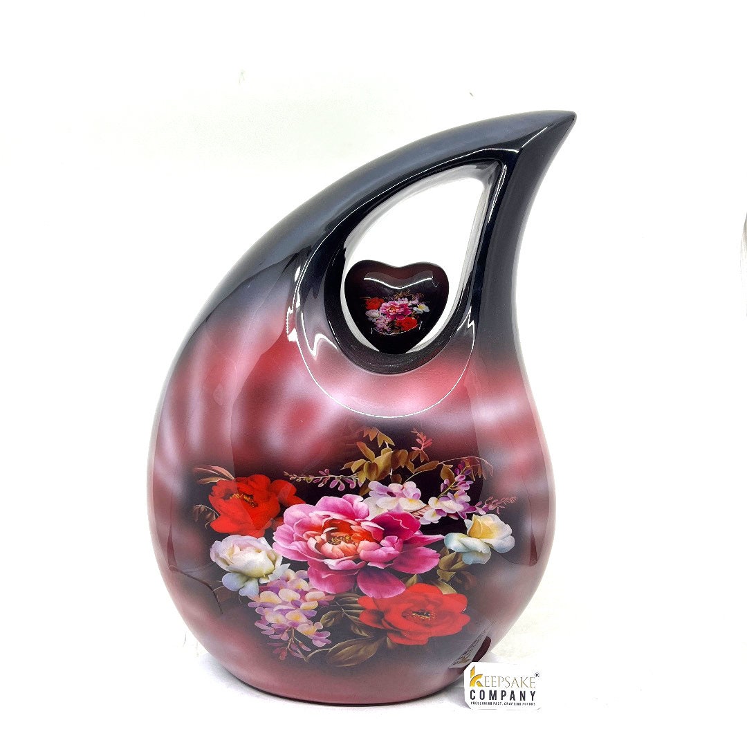 Extra Large  Adult Black Teardrop Cremation Urn with Beautiful Red Photos - Urn For Human Ashes - Memorial Urn - Personalized Urn