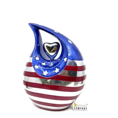 Patriot Flag Teardrop Adult Cremation Urn with Silver Heart urns for ashes - urns for ashes adult - urn for ashes - Adult Urn - star & Strip