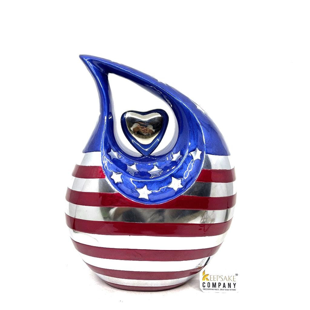 Patriot Flag Teardrop Adult Cremation Urn with Silver Heart urns for ashes - urns for ashes adult - urn for ashes - Adult Urn - star & Strip