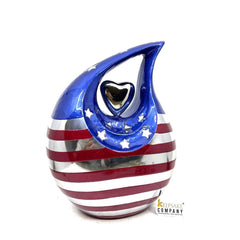 Patriot Flag Teardrop Adult Cremation Urn with Silver Heart urns for ashes - urns for ashes adult - urn for ashes - Adult Urn - star & Strip