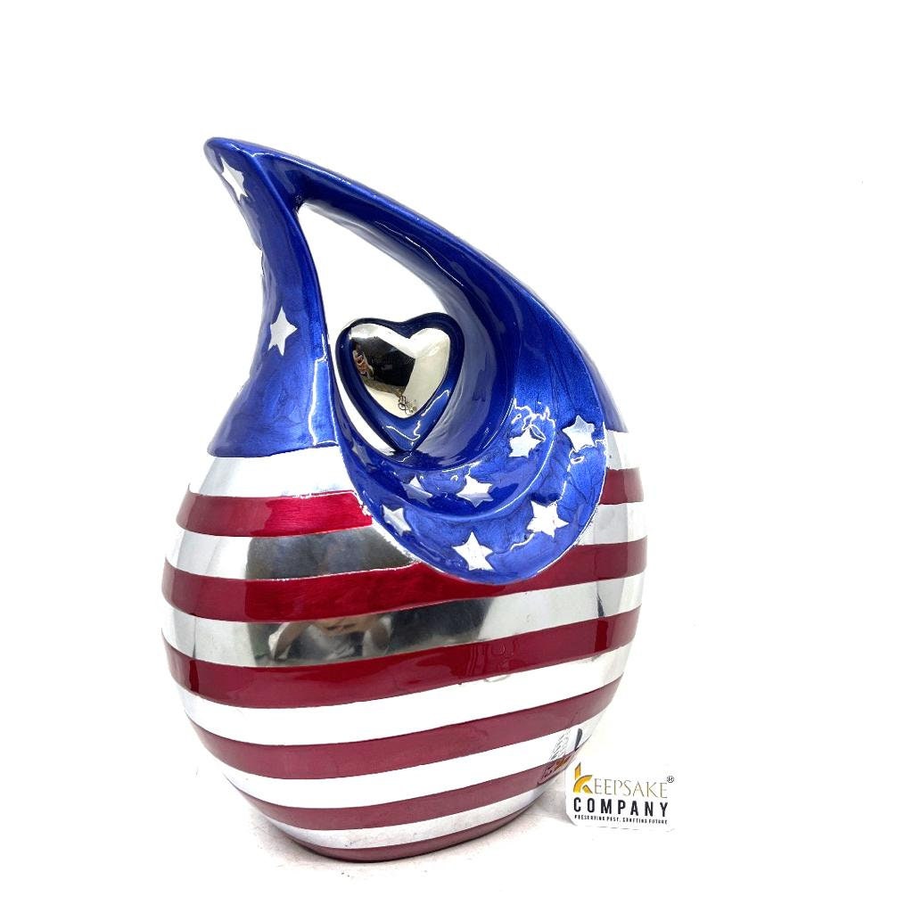 Patriot Flag Teardrop Adult Cremation Urn with Silver Heart urns for ashes - urns for ashes adult - urn for ashes - Adult Urn - star & Strip