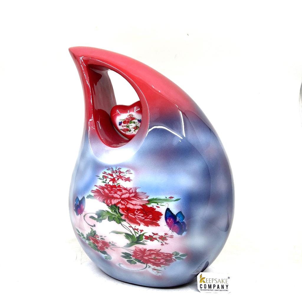 Extra Large  Adult Red Teardrop Cremation Urn with Beautiful Red flowers - Urn For Human Ashes - Memorial Urn - Personalized Urn