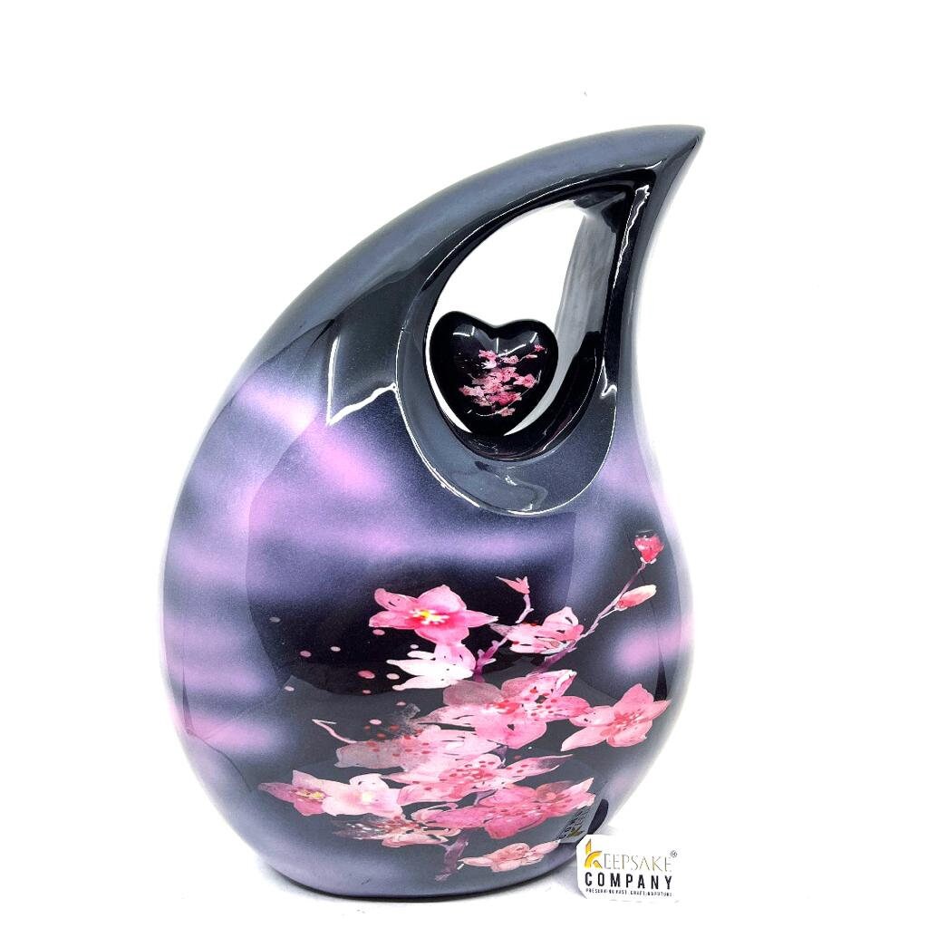 Extra Large  Adult Black Teardrop Cremation Urn with Beautiful Pink Flowers - Urn For Human Ashes - Memorial Urn - Personalized Urn