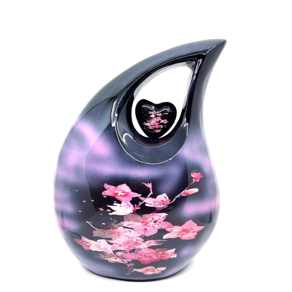 Extra Large  Adult Black Teardrop Cremation Urn with Beautiful Pink Flowers - Urn For Human Ashes - Memorial Urn - Personalized Urn