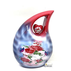 Extra Large  Adult Red Teardrop Cremation Urn with Beautiful Red flowers - Urn For Human Ashes - Memorial Urn - Personalized Urn