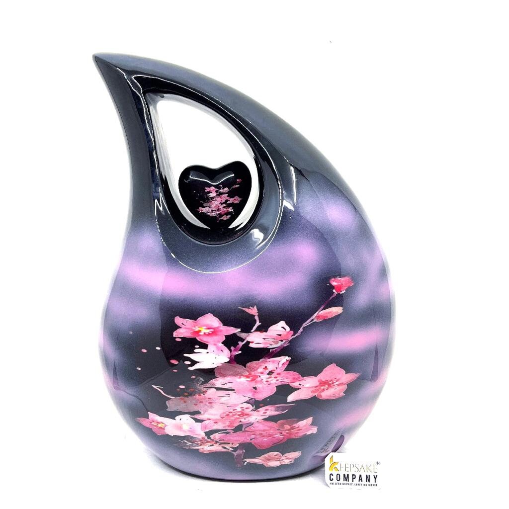 Extra Large  Adult Black Teardrop Cremation Urn with Beautiful Pink Flowers - Urn For Human Ashes - Memorial Urn - Personalized Urn