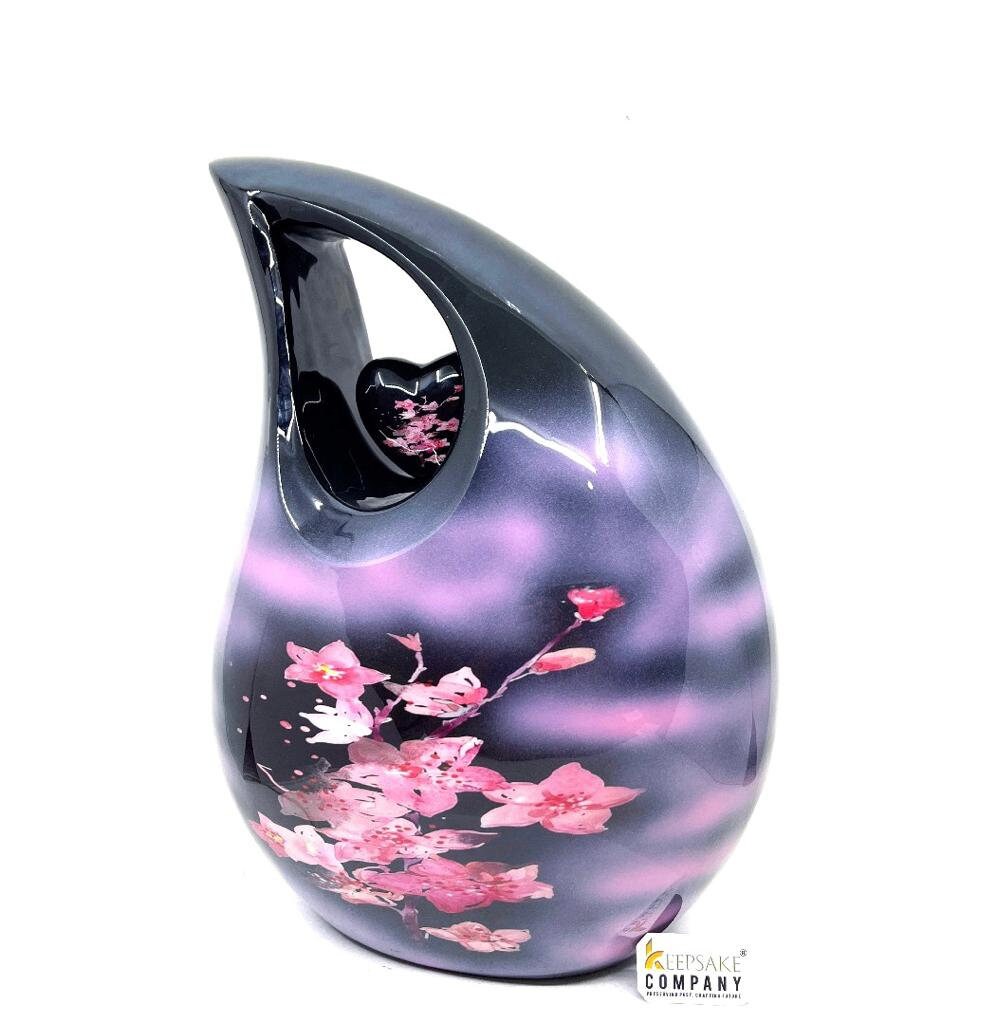 Extra Large  Adult Black Teardrop Cremation Urn with Beautiful Pink Flowers - Urn For Human Ashes - Memorial Urn - Personalized Urn