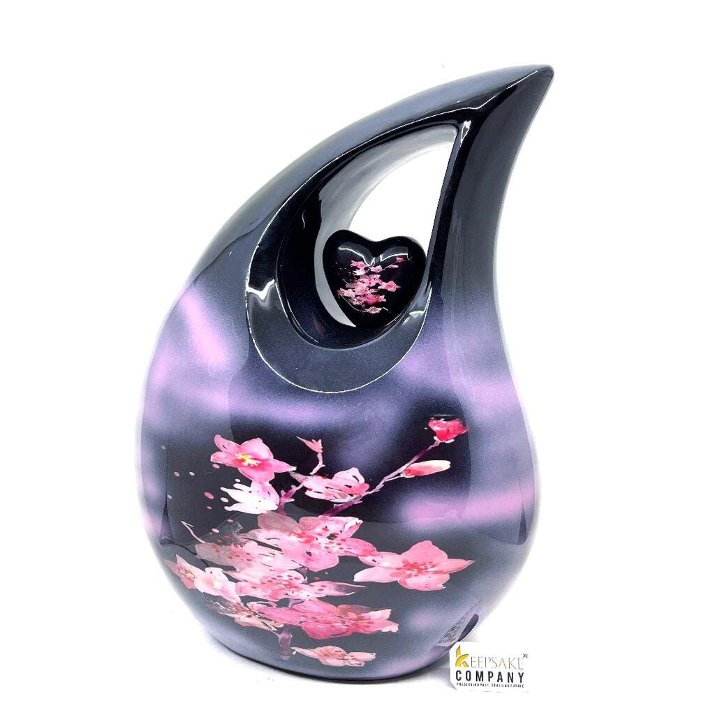 Extra Large  Adult Black Teardrop Cremation Urn with Beautiful Pink Flowers - Urn For Human Ashes - Memorial Urn - Personalized Urn