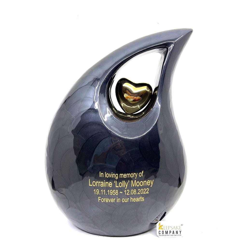 Extra Large /  Adult Black Pearl Enamel teardrop Cremation Urn with Golden Heart For Human Ashes / Urn for Ash /  Urn / Urns / Burial