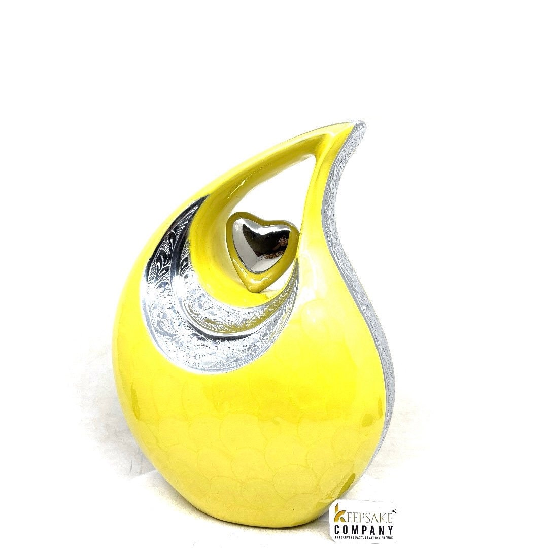 Yellow Color Teardrop Urn - Customizable Heart Insert & Font, 10" Large 2.5L Capacity for Ashes, Memorable Sympathy Gift - Urn for Ashes