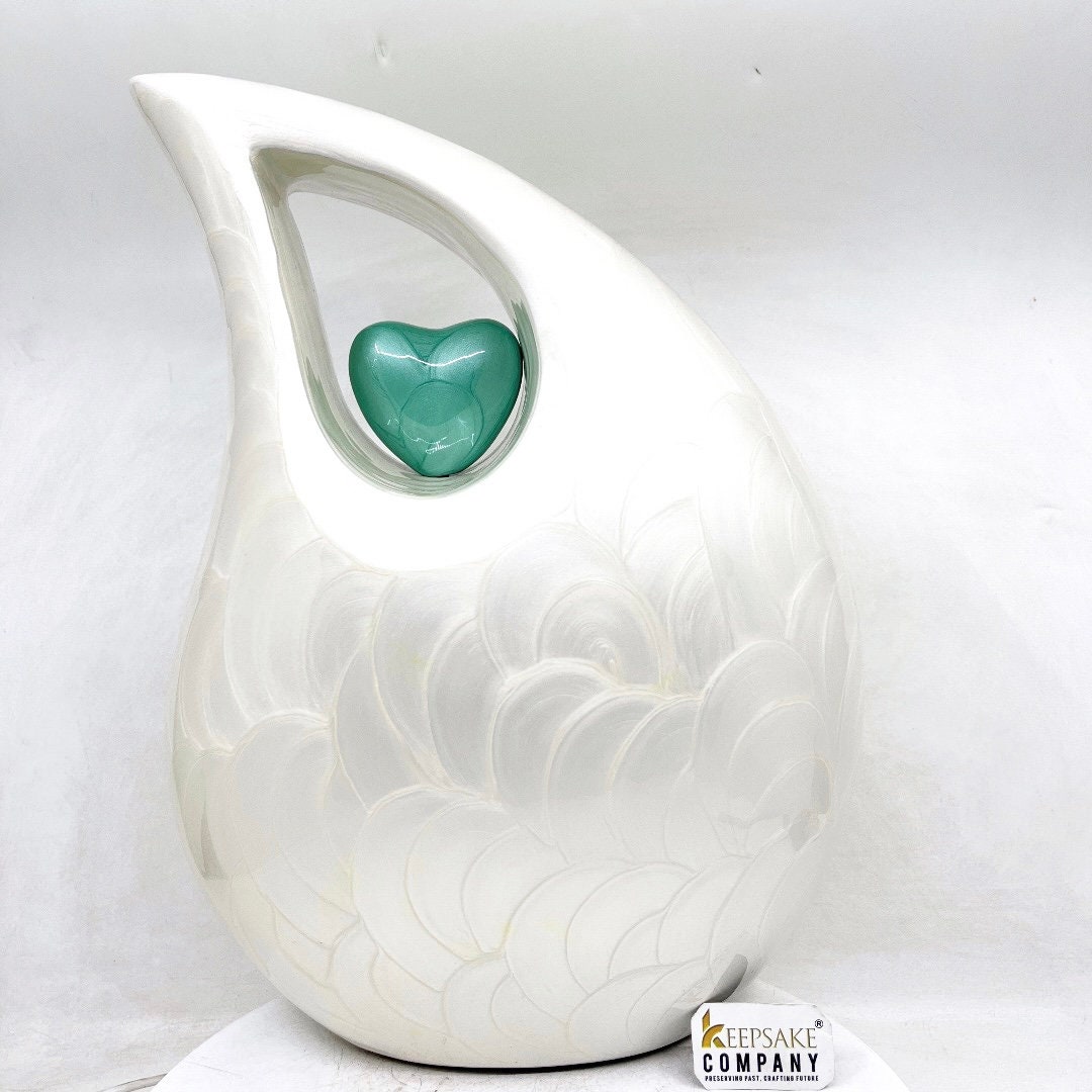 Elegant White Teardrop Urn - Personalize Heart & Text, 13-Inch Memorial Vessel, 5 L Bereavement or Funeral Keepsake , Urn for Human Ashes