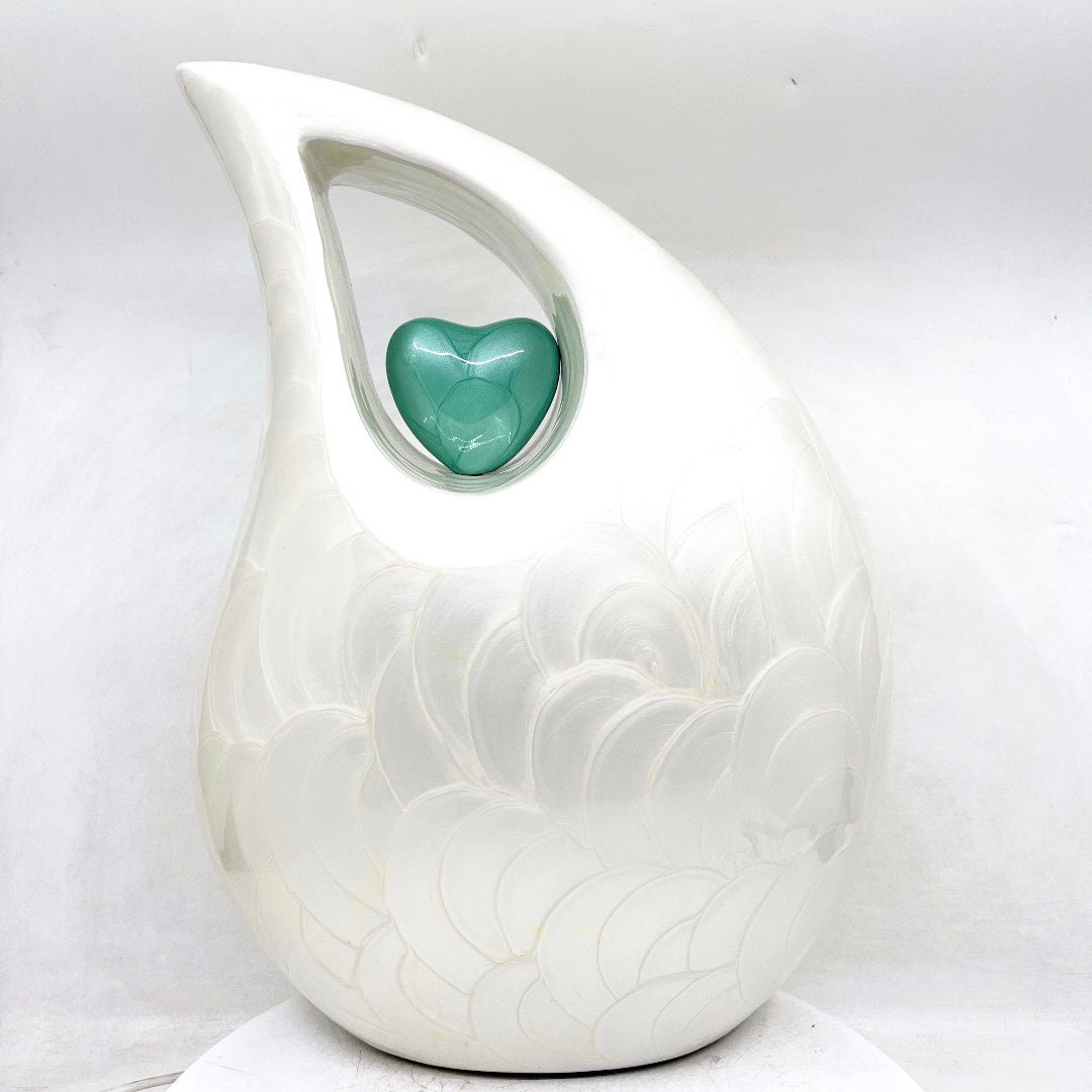 Elegant White Teardrop Urn - Personalize Heart & Text, 13-Inch Memorial Vessel, 5 L Bereavement or Funeral Keepsake , Urn for Human Ashes