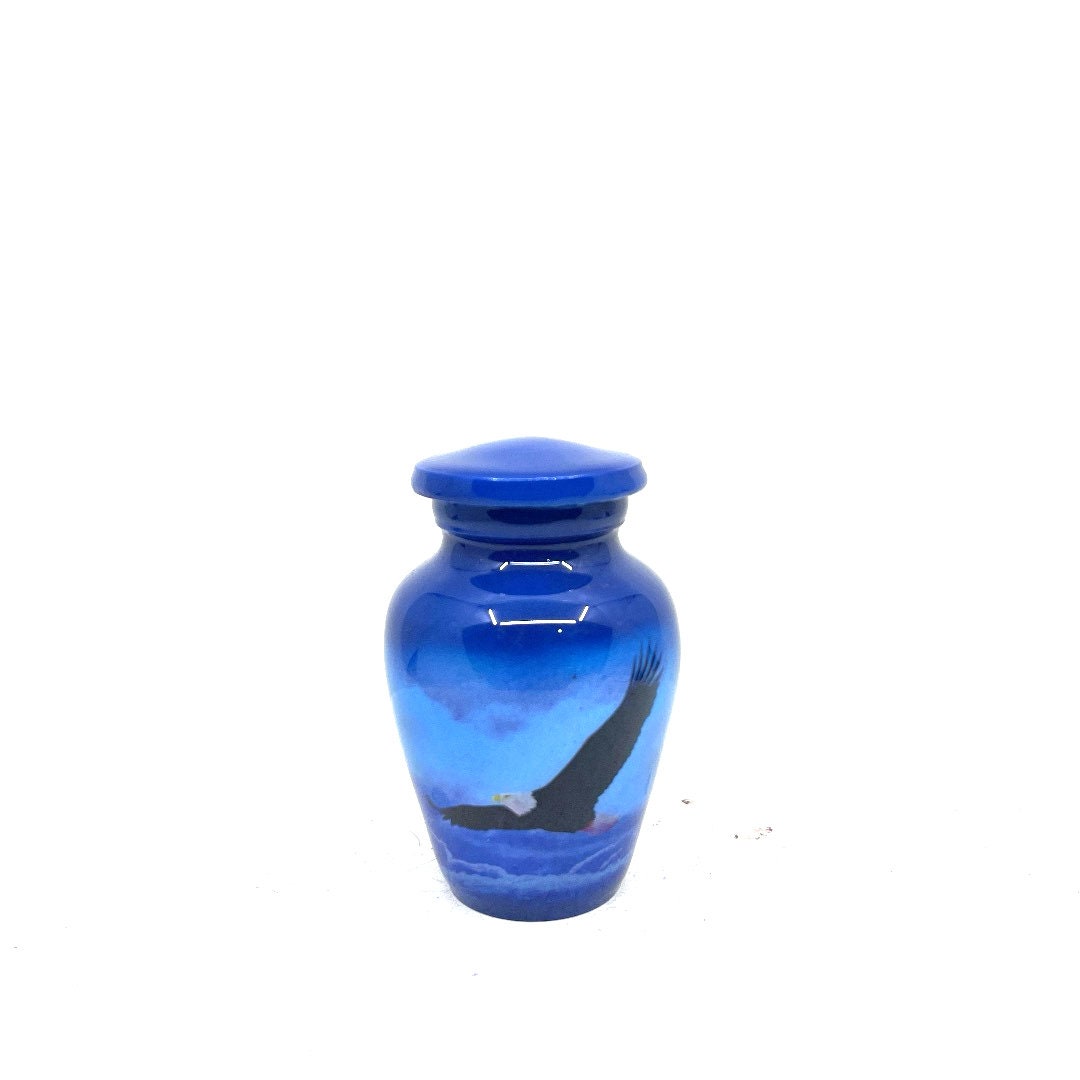 Small Urns for Ashes - Tranquil Seascape Small Urn for Ashes - Artistic Blue Vessel with Eagle Imagery, Thoughtful Remembrance Gift