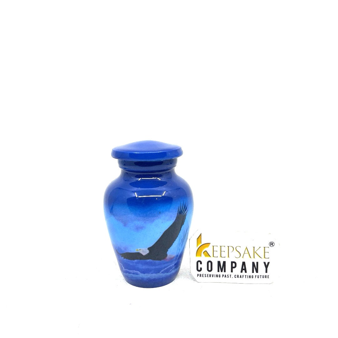 Small Urns for Ashes - Tranquil Seascape Small Urn for Ashes - Artistic Blue Vessel with Eagle Imagery, Thoughtful Remembrance Gift