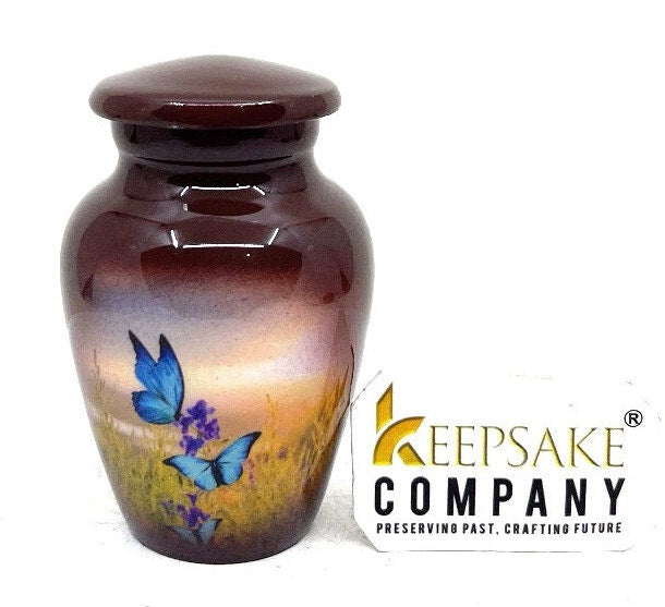 Charming Brown Small Urn for Ashes - Delicate Blue Butterfly & Flower Design - Thoughtful Memorial Gift for Loved Ones - Mini Urns for Ashes