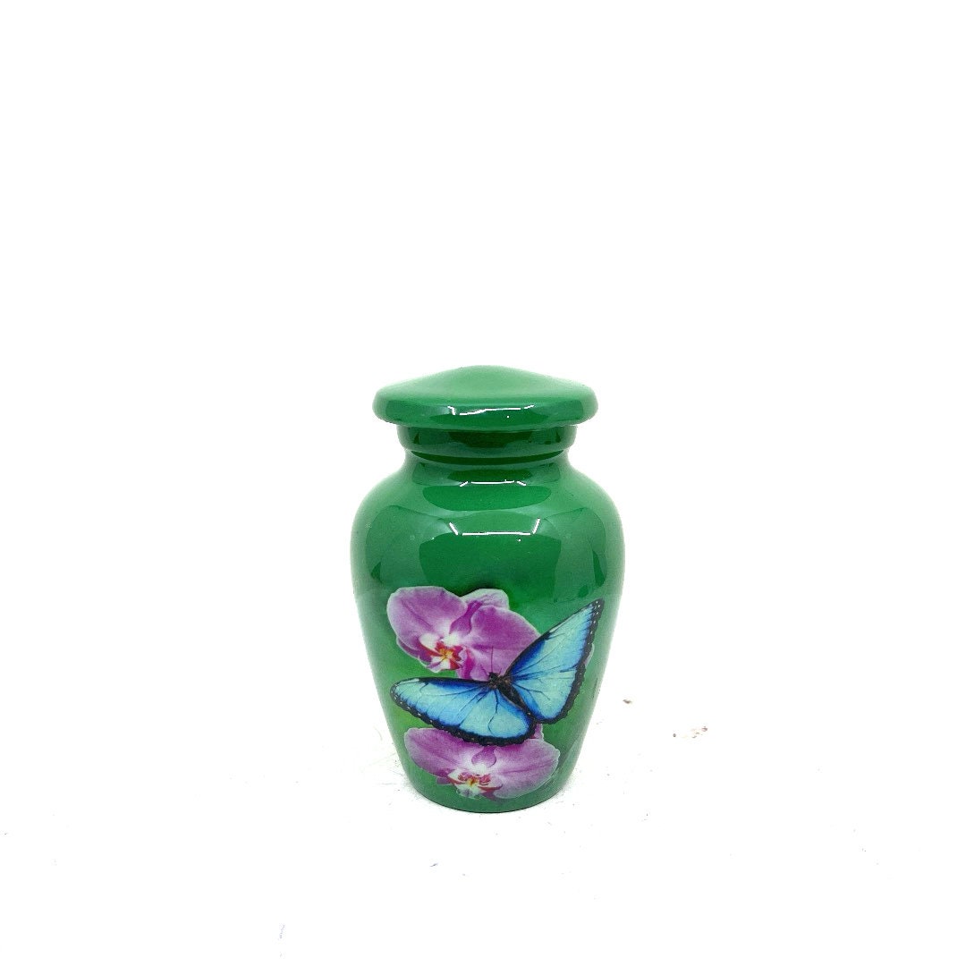 Small Urns for Ashes - Handcrafted Green Urn with Serene Blue Butterflies, Perfect Memorial Keepsake or Sympathy Gift, Mini Urn for Ashes