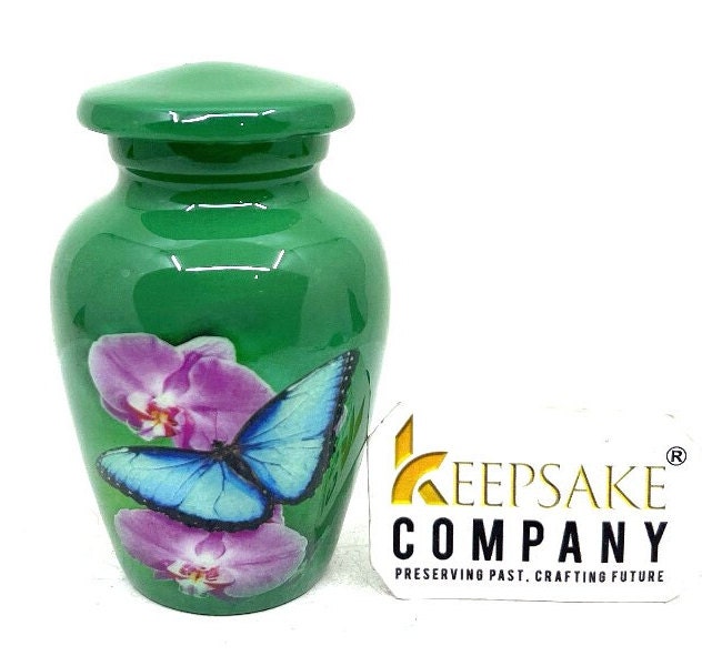 Small Urns for Ashes - Handcrafted Green Urn with Serene Blue Butterflies, Perfect Memorial Keepsake or Sympathy Gift, Mini Urn for Ashes